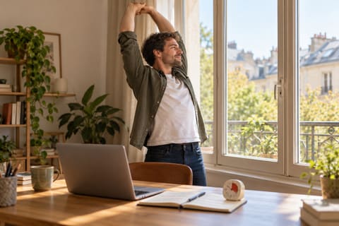 Homme qui s’étire près d’une fenêtre, loin de son ordinateur, un minuteur posé sur le bureau
