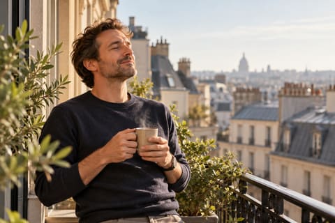 Homme qui savoure une tasse de thé sur un balcon parisien, les yeux mi-clos, l’air détendu