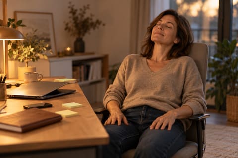 Femme qui fait une pause à son bureau, les yeux fermés, adossée à sa chaise