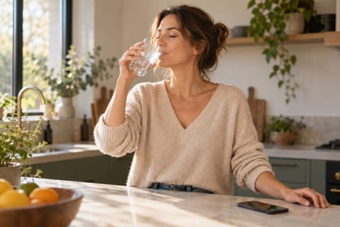 Femme qui boit lentement un verre d’eau dans sa cuisine, les yeux fermés