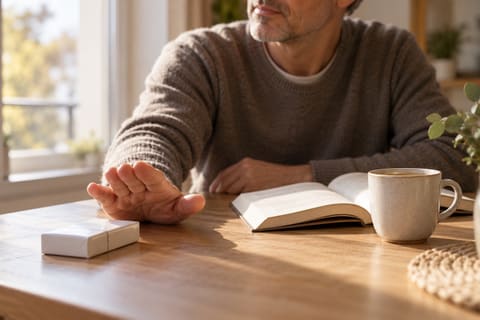 Homme qui repousse un paquet de cigarettes sur une table, à côté d’un livre ouvert et d’une tasse de café